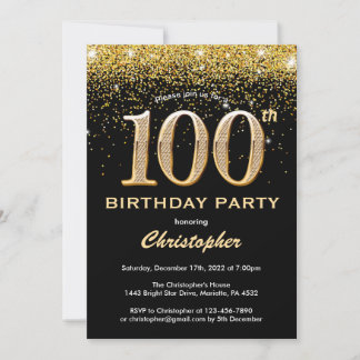 100. Geburtstag Black and Gold Glitzer Confetti Einladung
