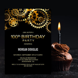 100. Geburtstag Black Gold Steampunk Uhren Gears Einladung