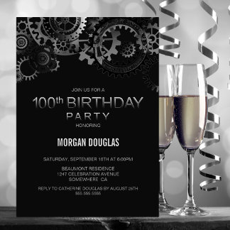 100. Geburtstag Black Silver Steampunk Uhren Gears Einladung