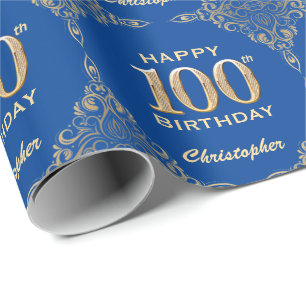 100. Geburtstag Blue and Gold Glitzer Frame Geschenkpapier