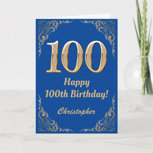 100. Geburtstag Blue and Gold Glitzer Frame Karte (Vorderseite)