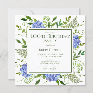 100. Geburtstag Blue Hydrangeas Card Anfrage Einladung