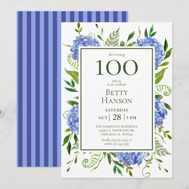 100. Geburtstag Blue Hydrangeas Einladung (Vorne/Hinten)