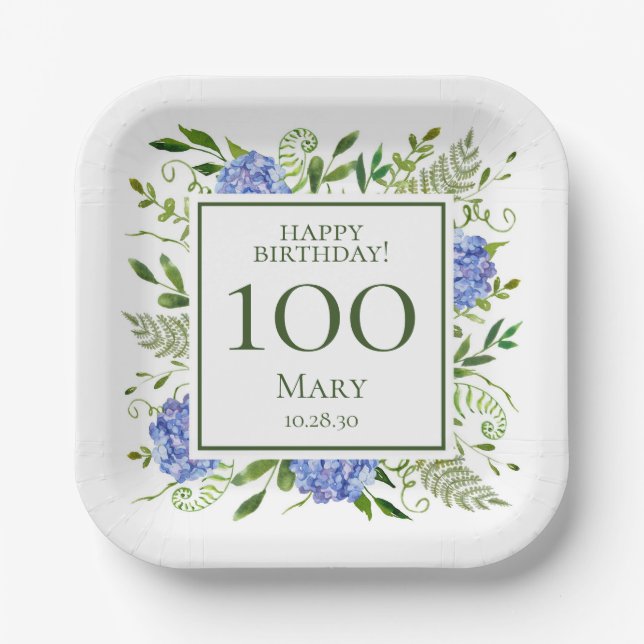100. Geburtstag Blue Hydrangeas Pappteller (Vorderseite)