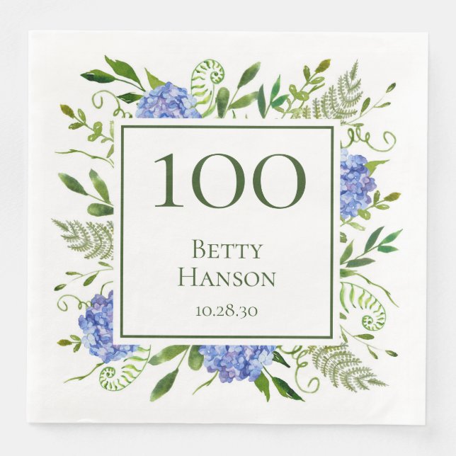 100. Geburtstag Blue Hydrangeas Serviette (Vorderseite)