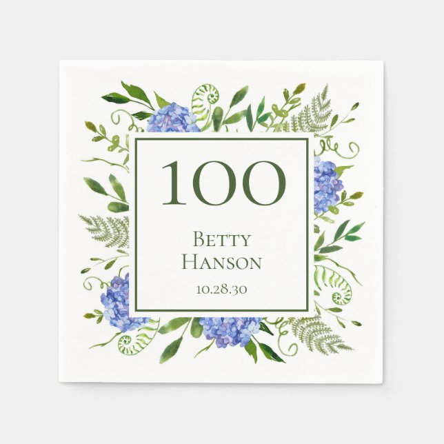 100. Geburtstag Blue Hydrangeas Serviette (Vorderseite)