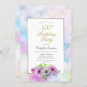 100. Geburtstag Blue Pink Floral Gold Pastel Borde Einladung