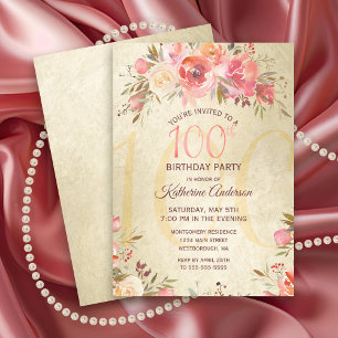 100. Geburtstag Blumenbäume Gold Shimmer Party Einladung