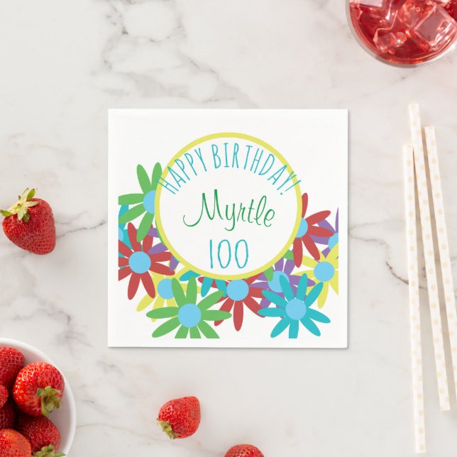 100. Geburtstag Blumenpapier Napkins Personalisier Serviette (Beispiel)