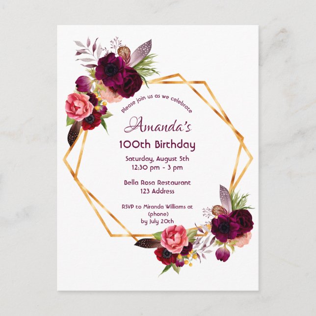 100. Geburtstag burgund florales Gold Einladung Postkarte (Vorderseite)
