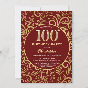 100. Geburtstag Burgund Red & Gold Floral Muster Einladung