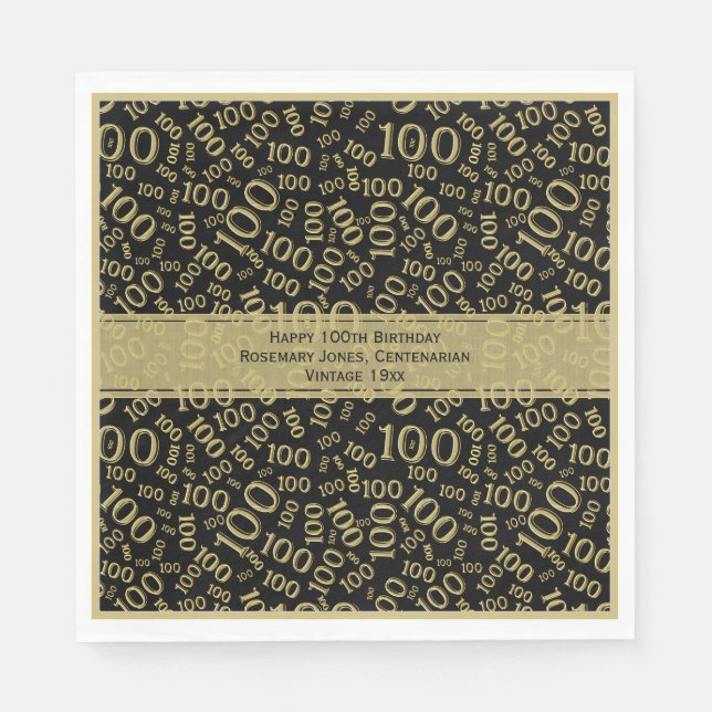 100. Geburtstag Cool Zahlenmuster Schwarz/Gold Serviette (Vorderseite)