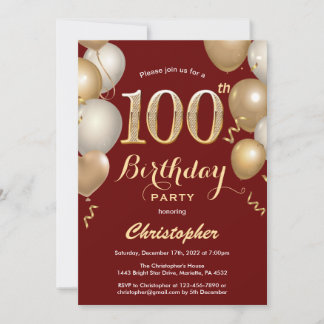 100. Geburtstag Dunkelrot und Gold Balloons Confet Einladung