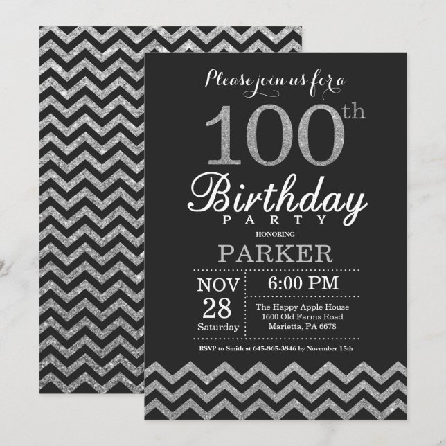 100. Geburtstag Einladung Black and Silver Glitzer (Vorne/Hinten)