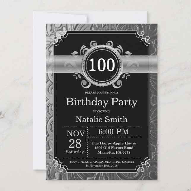 100. Geburtstag Einladung Black and Silver Glitzer (Vorderseite)