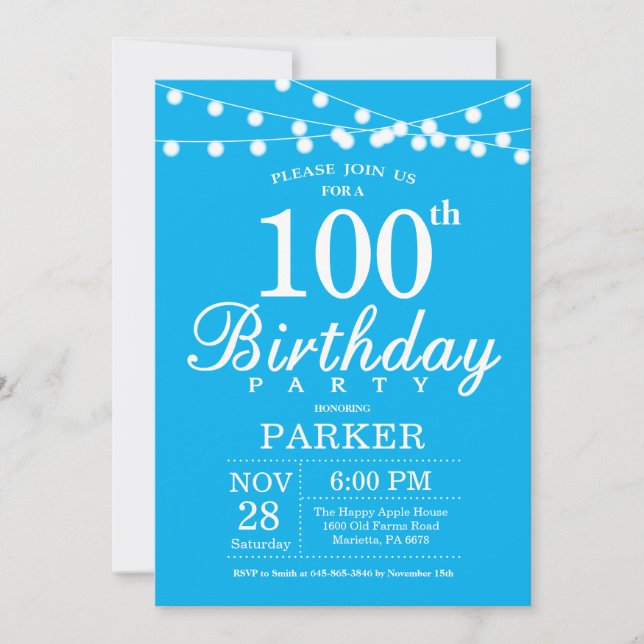 100. Geburtstag Einladung Blau (Vorderseite)