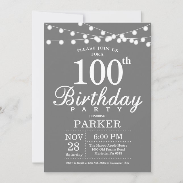 100. Geburtstag Einladung grau und weiß (Vorderseite)