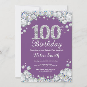 100. Geburtstag Einladung Lila Silver Diamond