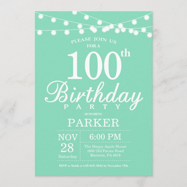 100. Geburtstag Einladung Mint Green (Vorderseite)