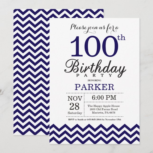 100. Geburtstag Einladung Navy Blue Zickzack (Vorne/Hinten)