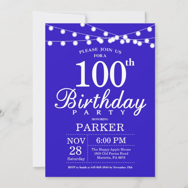 100. Geburtstag Einladung Royal Blue (Vorderseite)