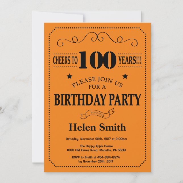 100. Geburtstag Einladung Schwarz und Orange (Vorderseite)