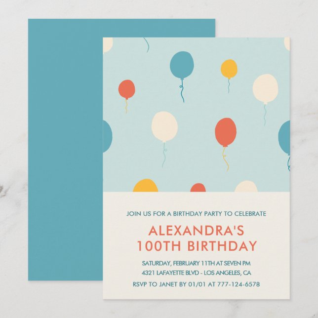 100. Geburtstag Einladungen Balloons Moderne (Vorne/Hinten)
