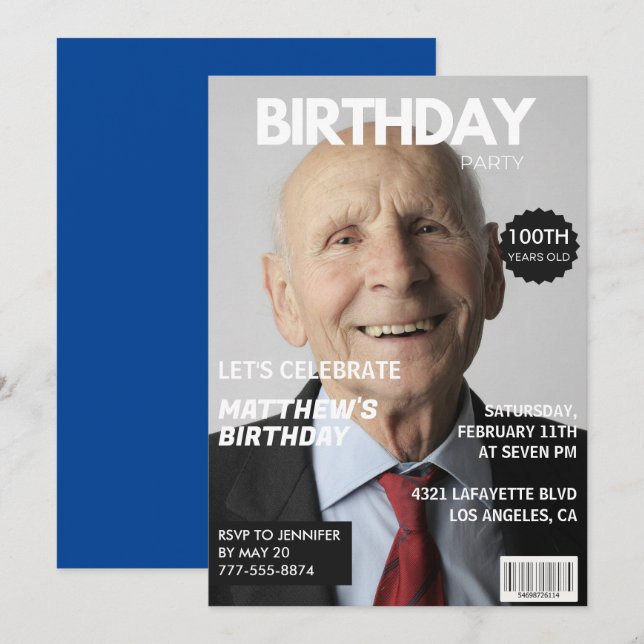 100. Geburtstag Einladungen Männer Him Magazine Co (Vorne/Hinten)