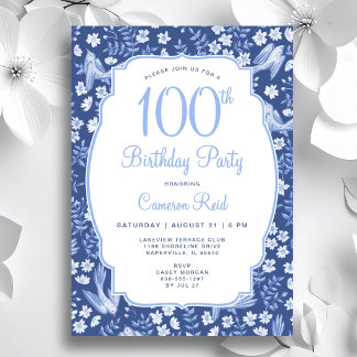 100. Geburtstag Elegant Blaue Florale Weibliche Vo Einladung