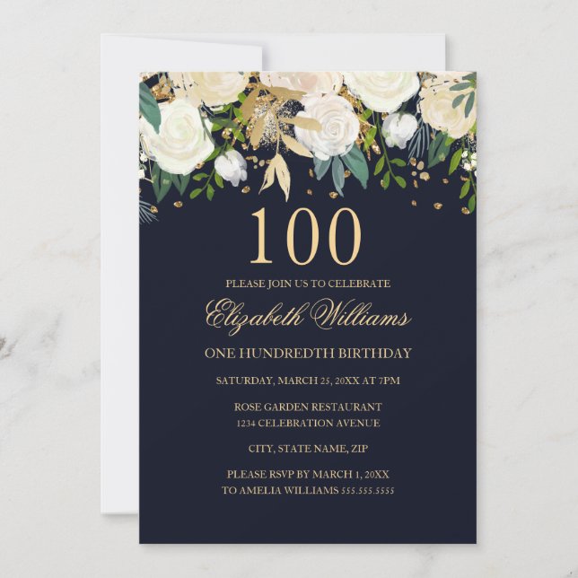 100. Geburtstag Elegant Navy Gold Floral Einladung (Vorderseite)
