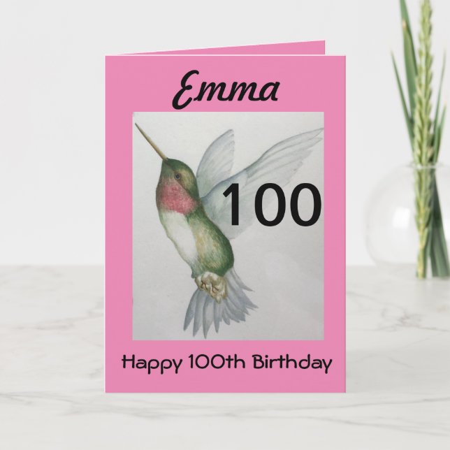 100. Geburtstag Elegant Rosa Hummingbird Wasserfar Karte (Vorderseite)