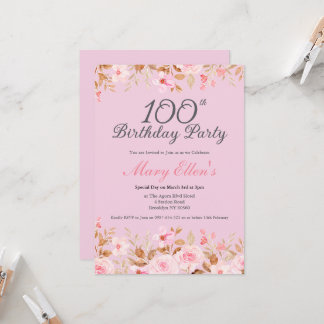 100. Geburtstag Elegante feminine rosa florale Par Einladung