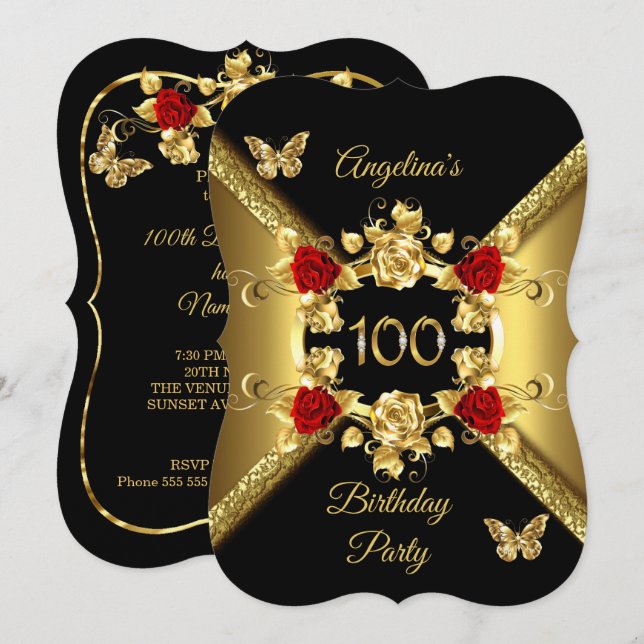 100. Geburtstag Elegante Gold Rote Rosen Schwarz Einladung (Vorne/Hinten)