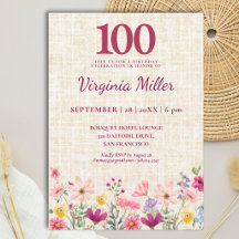100. Geburtstag Elegante rosa Wildblumen-Leinen-Pa
