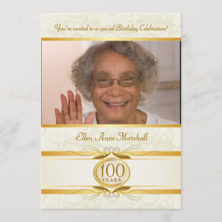 100. Geburtstag - Elfenbein-Damast-Foto-Einladung Einladung