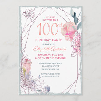 100. Geburtstag Floral Blush Rose Wasserfarbe Part Einladung