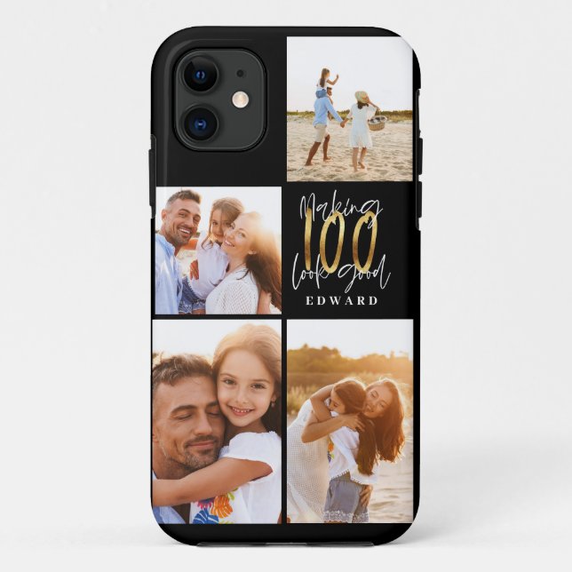100. Geburtstag Foto Collage schwarze Goldtypograf Case-Mate iPhone Hülle (Rückseite)