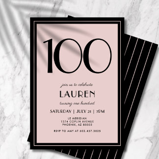 100. Geburtstag Frauen Modern Minimal Schwarz Rosa Einladung