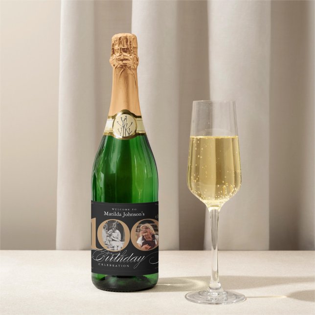 100. Geburtstag Gold Black Calligraphy Custom Foto (100th Birthday Gold Black Calligraphy Custom Photo Sparkling Wine Label)