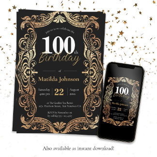 100. Geburtstag Gold Black Glamour Boho Vintag Einladung