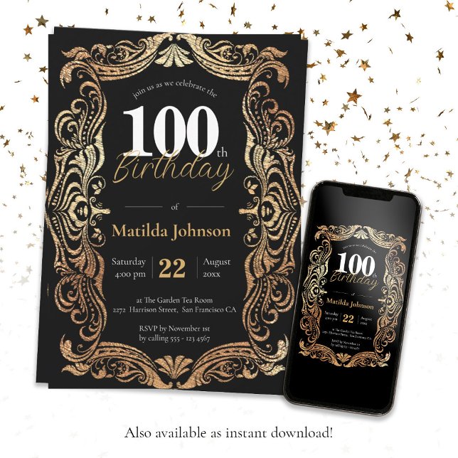 100. Geburtstag Gold Black Glamour Boho Vintag Einladung (100th Birthday Gold Black Glamorous Boho Vintage Invitation)