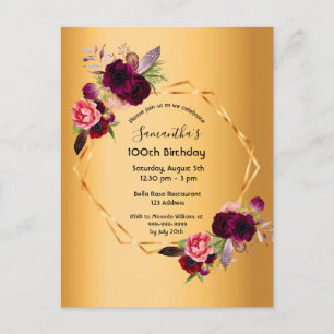 100. Geburtstag Gold bordeauxrot florals Einladung Postkarte