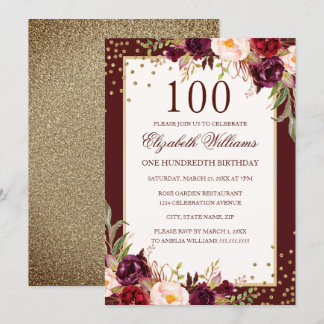 100. Geburtstag Gold Burgundy Blumenladen Einladung