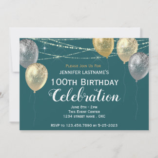 100. Geburtstag Gold Silberne Glitzer Balloons Einladung