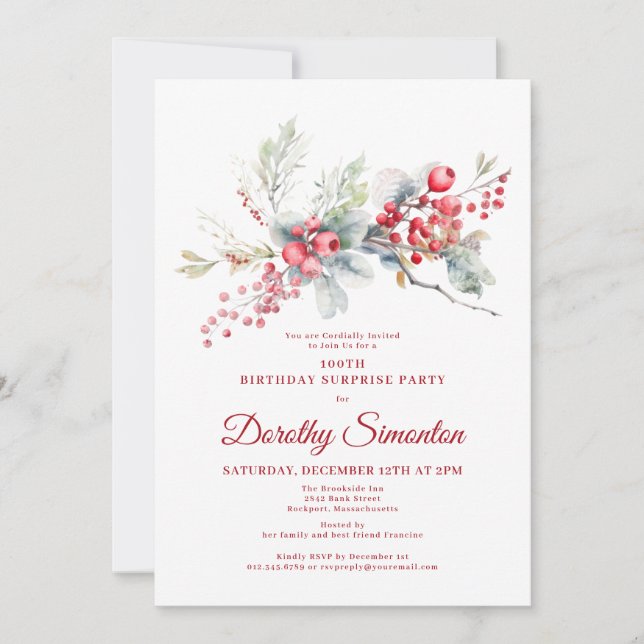 100. Geburtstag Grüne Rote Berry Überraschung Part Einladung (Vorderseite)