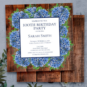 100. Geburtstag Holz Blaue Hortensien Rustikale Fe Einladung