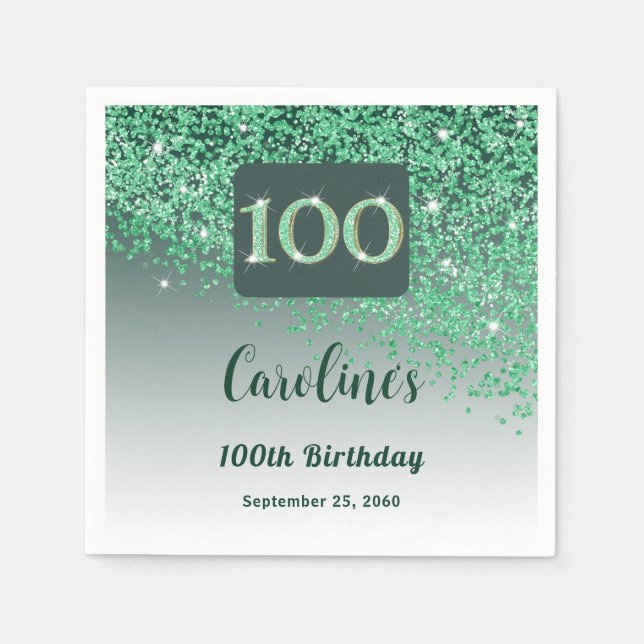 100. Geburtstag Hübscher grüner Glitzer Serviette (Vorderseite)