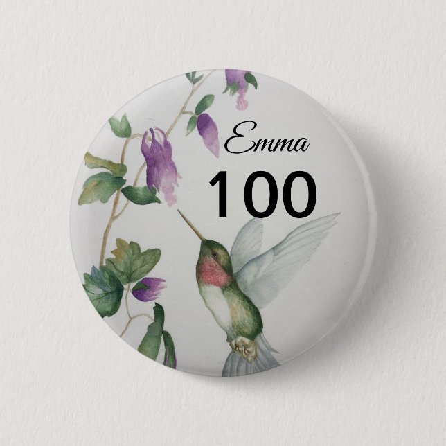 100. Geburtstag Hübscher Vogel-Blume Button (Vorderseite)