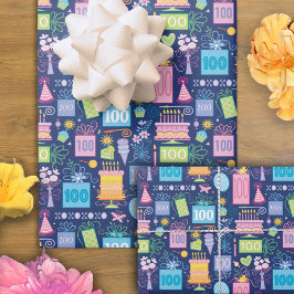 100. Geburtstag Kuchen präsentiert Balloons Blue Geschenkpapier Set