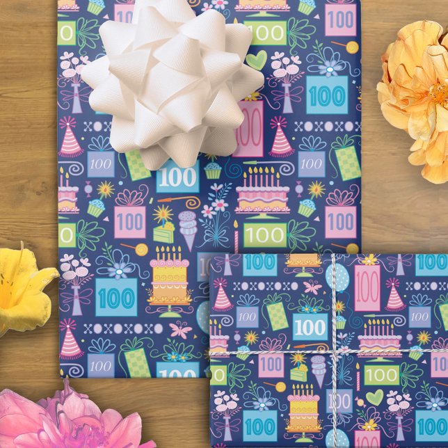 100. Geburtstag Kuchen präsentiert Balloons Blue Geschenkpapier Set (Von Creator hochgeladen)